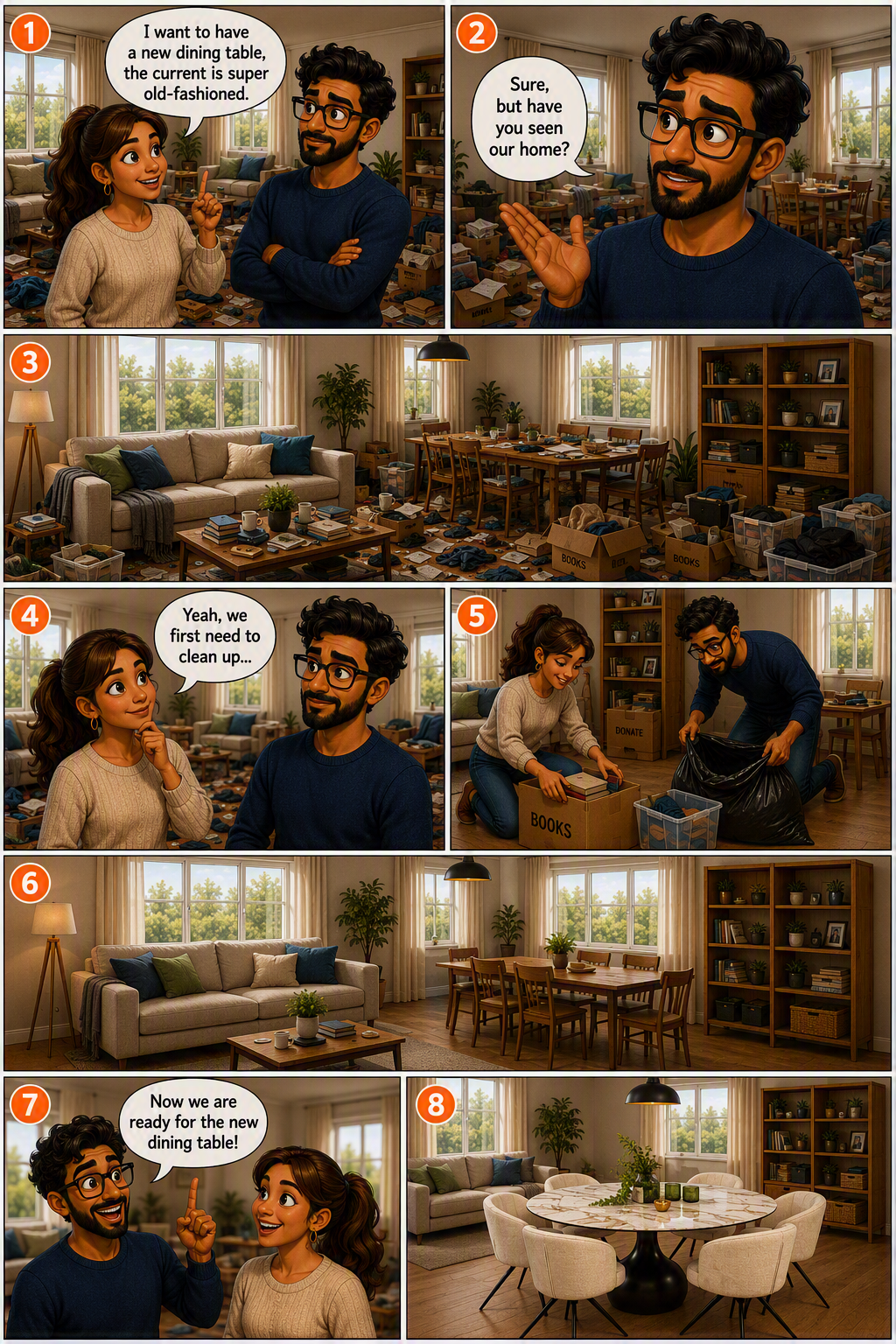 A couple cleaning up a messy room before placing a new dining table
