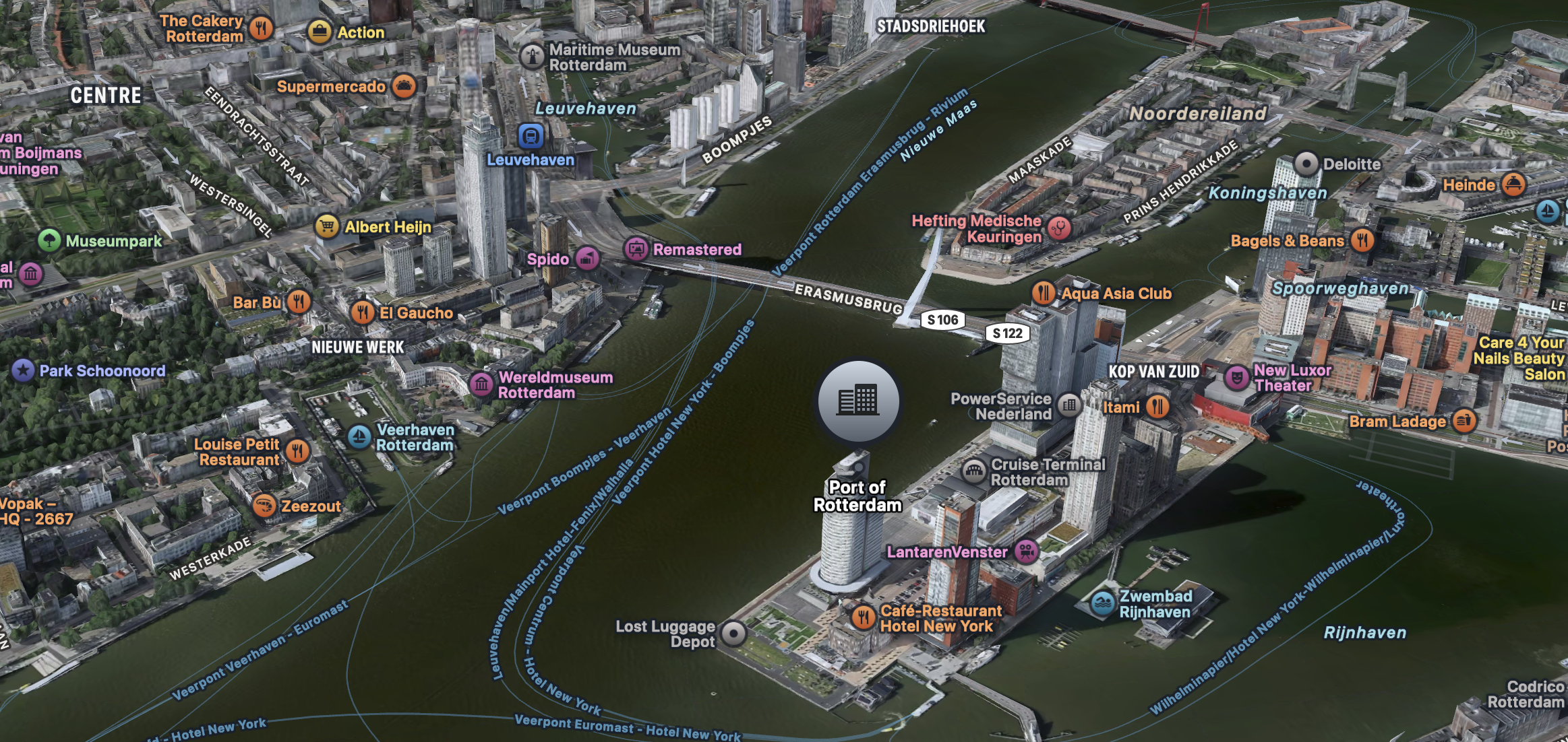 Aerial view of Rotterdam with the office and Erasmus Bridge in the center