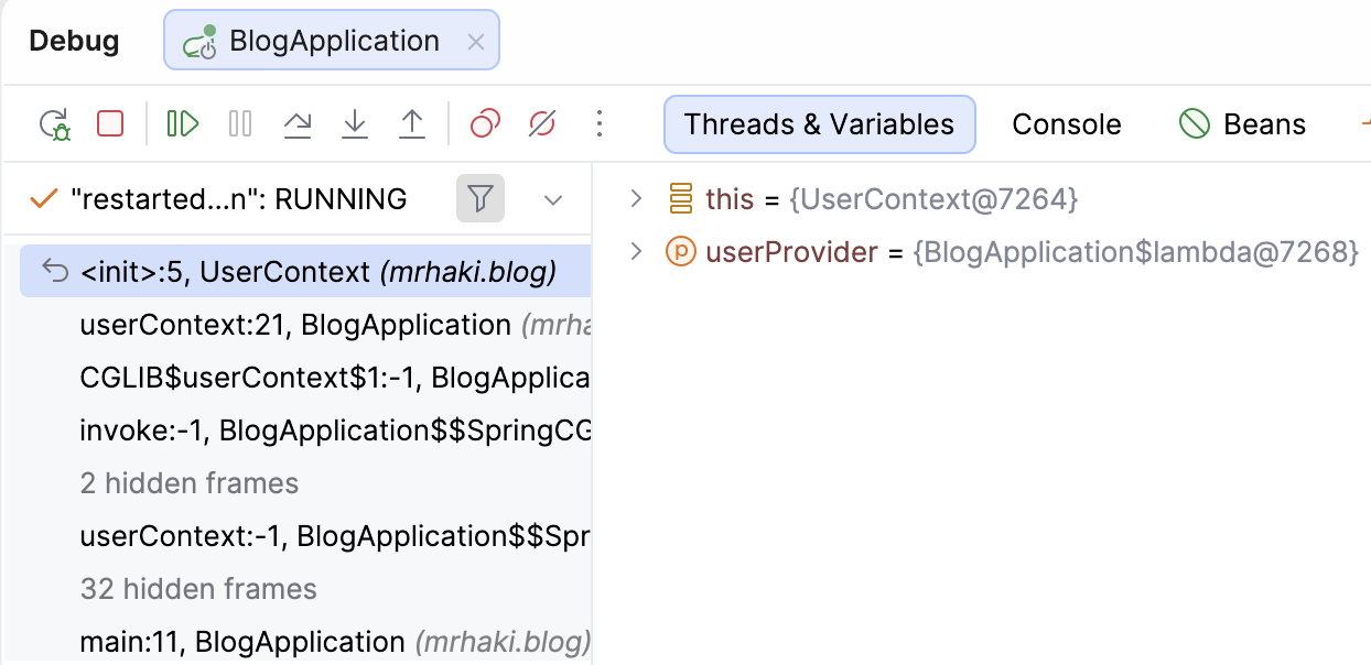 Stop execution of application and see values constructor arguments